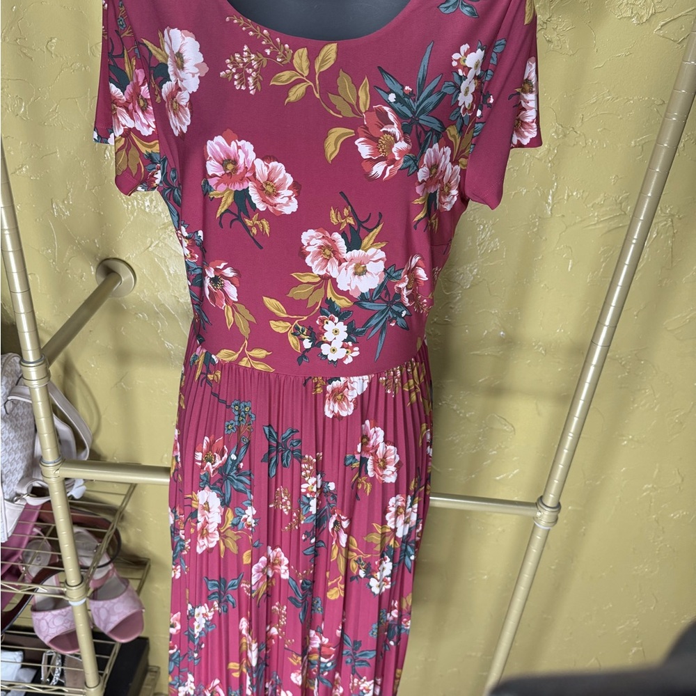 LOFT Floral Midi Dress in Pink and Green